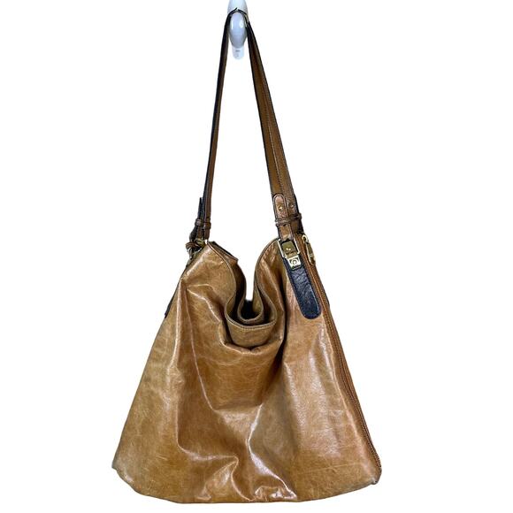 Badgley Mischka Lena Two Tone Cognac Black Zipper Side Large Tote Bag Purse - Picture 1 of 14